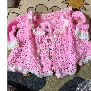 Handmade Pink Crochet Baby Cardigan Ruffle Collar Floral Button Sweater Infant